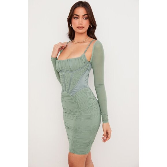 House of CB Freyja Gathered Corset Dress Size M Sage Green Mesh & Satin - Picture 5 of 15